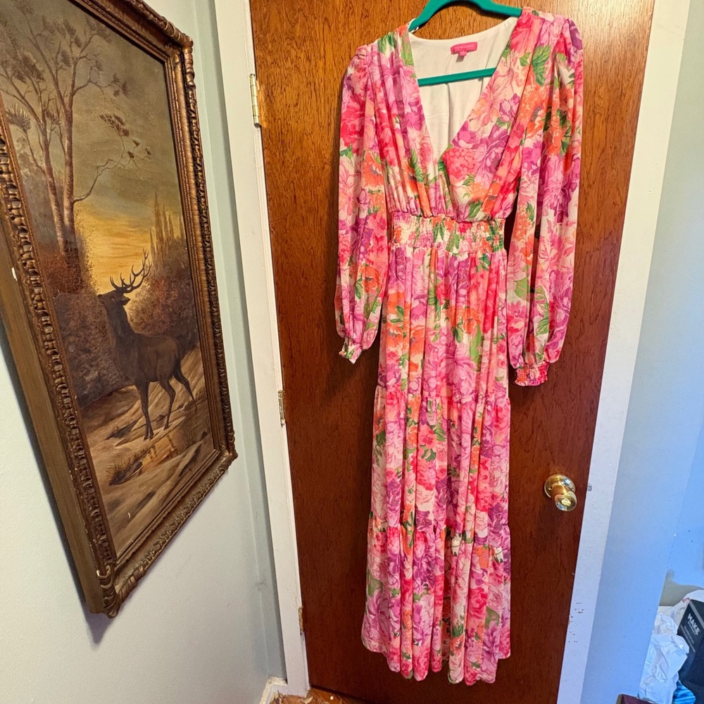 Flying Tomato Womens Pink Orange Floral‎ V-Neck Smocked Waist Maxi Dress Small